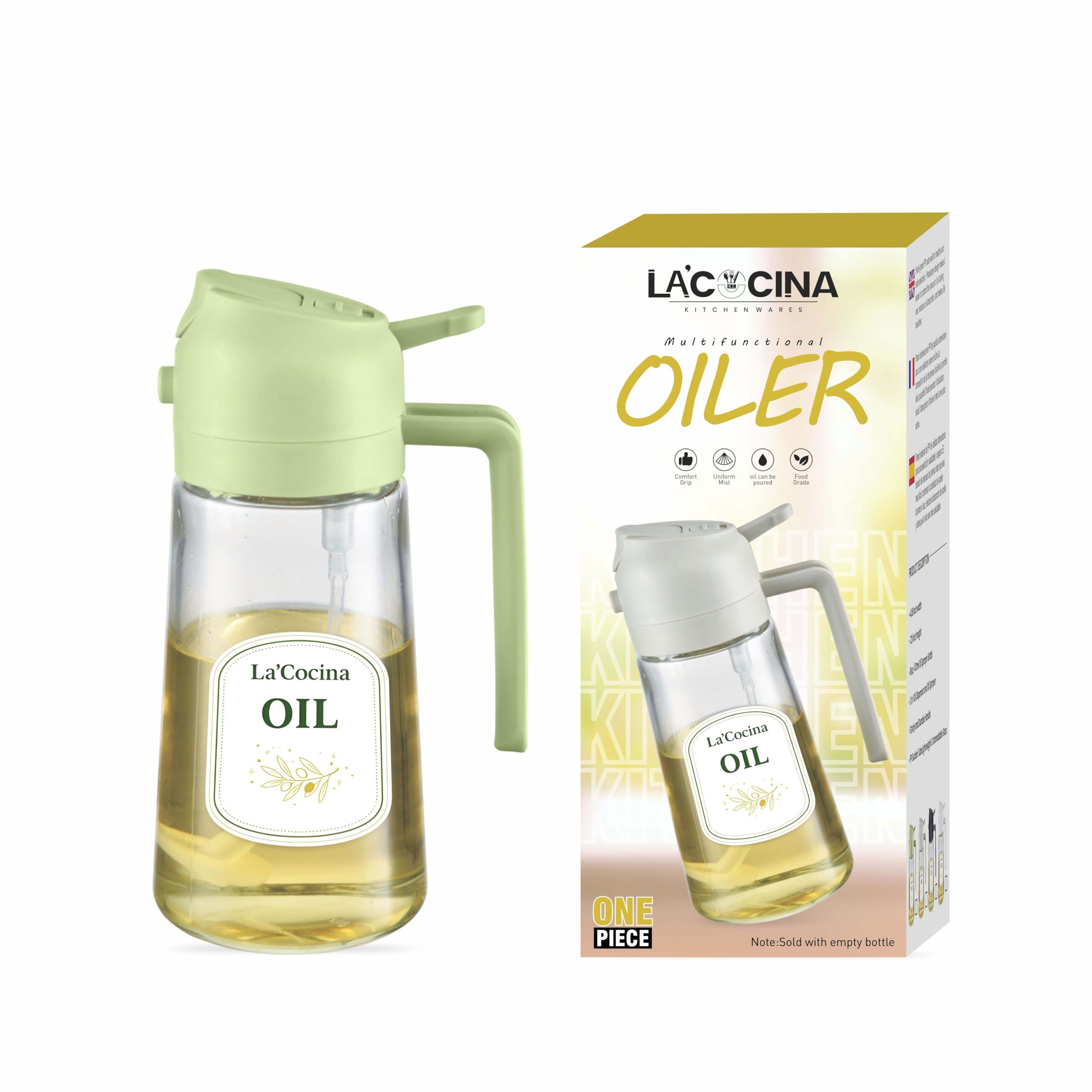La'Cocina 2 in 1 Oil Sprayer & Dispenser Bottle, Glass, Leakproof, 470ml, for Kitchen, Air Fryer, Grilling & Salad Dressing (Olive Green)