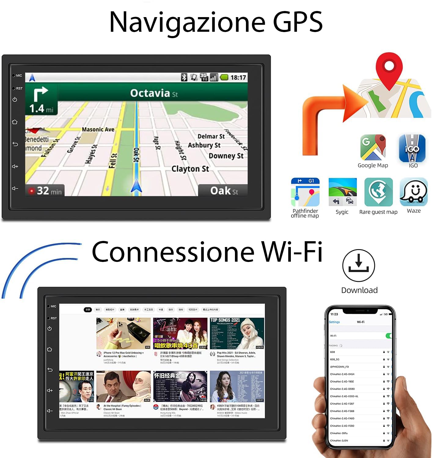 Autoradio 2 DIN 7 Pollici Android con GPS, WiFi, Bluetooth, Touch Screen – Stereo Auto Universale con Radio FM, Lettore MP5, USB, Mirror Link – 4GB RAM 64GB