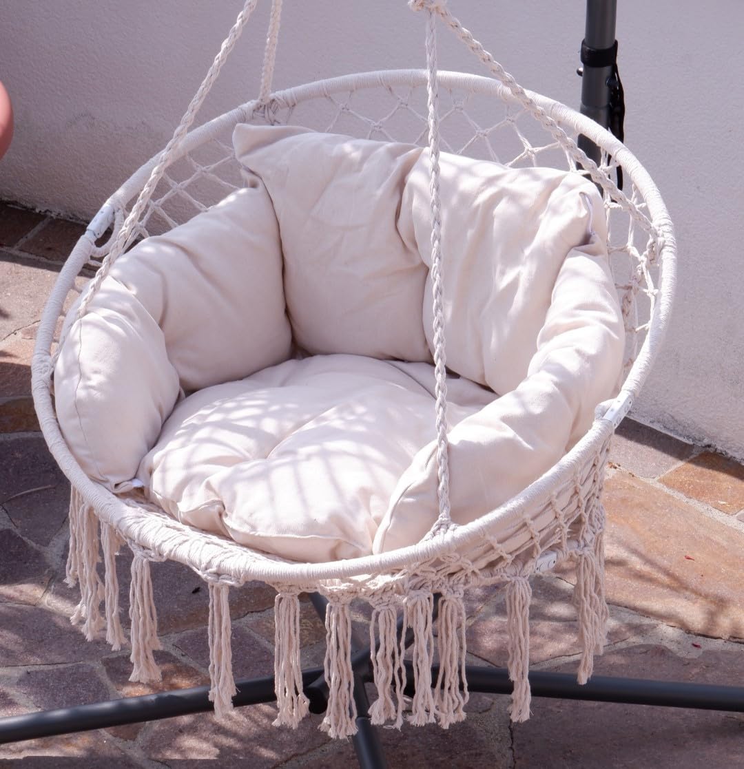 ALEOS. Hängesessel Catalina klappbar 100cm Durchmesser - Hängesessel rund - Stoffsessel mit gemütlichem Kissen - Hängekorb zum Aufhängen - inkl. 2 Karabiner + Kette im Makramee Boho Style