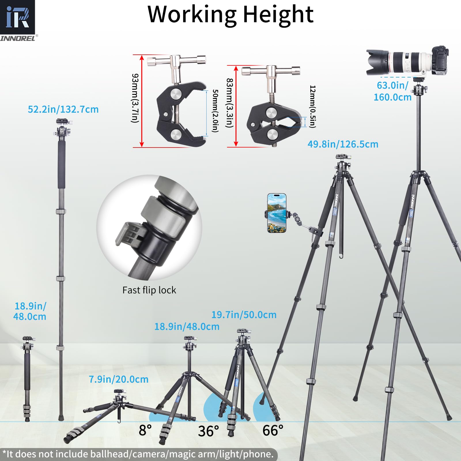 INNOREL P254CF 63-calowy statyw podróżny z włókna węglowego, profesjonalny kompaktowy statyw do lustrzanki cyfrowej DSLR, podróżny z centralną kolumną środkową głowicą kulową o niskiej grawitacji