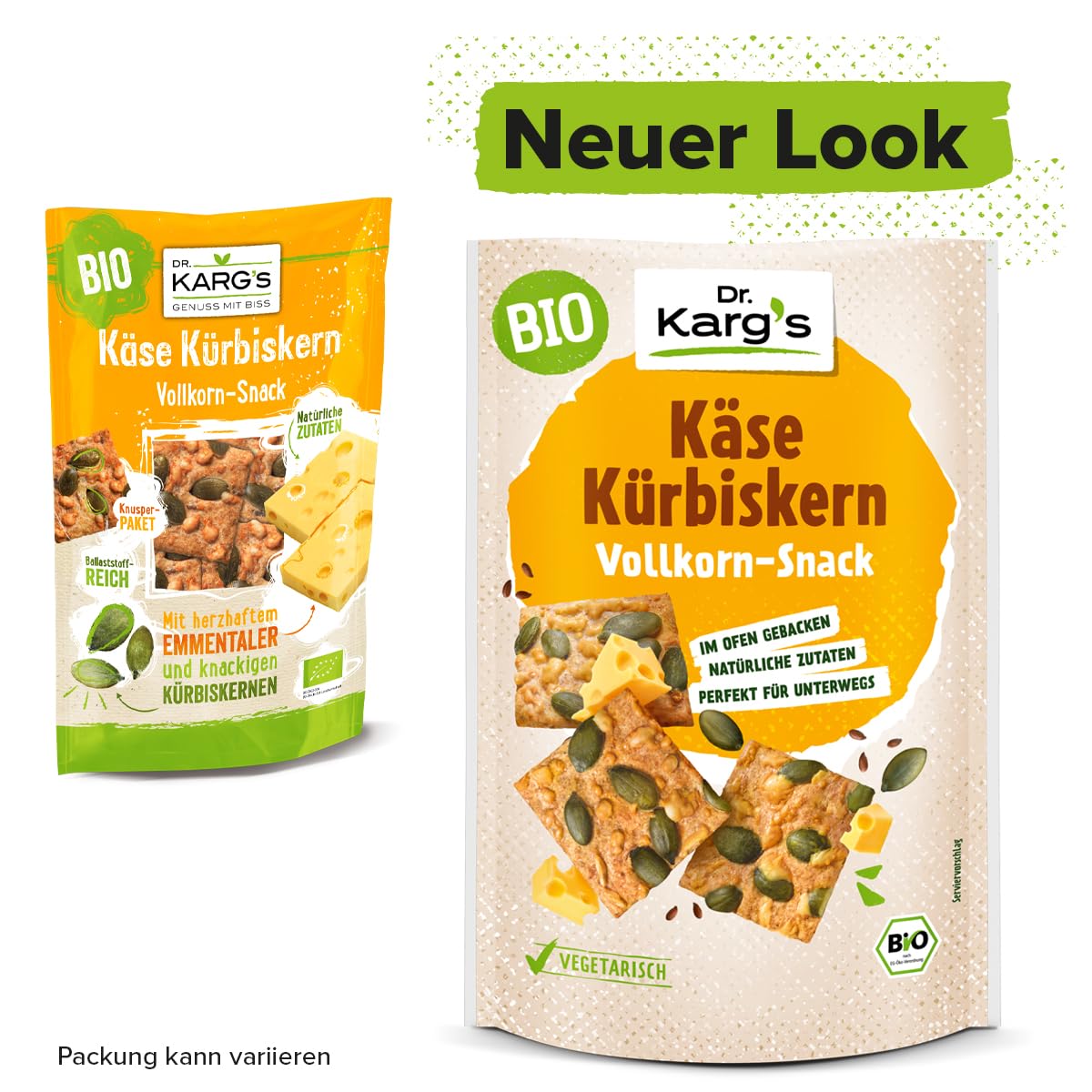 Dr. Karg’s BIO Vollkorn-Snack Käse Kürbiskern - knusprig, vegetarisch, Snack mit Emmentaler & Kürbiskerne, 100% Vollkornmehl & ohne Zusatzstoffe, 10x110g