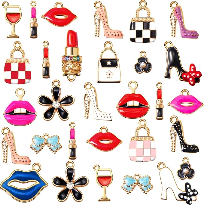 Jetec 50 Pieces Enamel Charms for Bracelet Jewelry Making Women Makeup Earrings Lipstick Craft Pendant High Heel Designer Charms Mixed Gold Plated Wallet Flower Bow Items for DIY Necklace