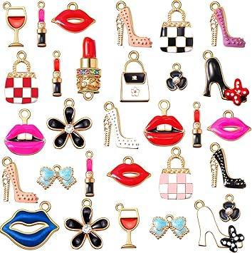 Jetec 50 Pieces Enamel Charms for Bracelet Jewelry Making Women Makeup Earrings Lipstick Craft Pendant High Heel Designer Charms Mixed Gold Plated Wallet Flower Bow Items for DIY Necklace