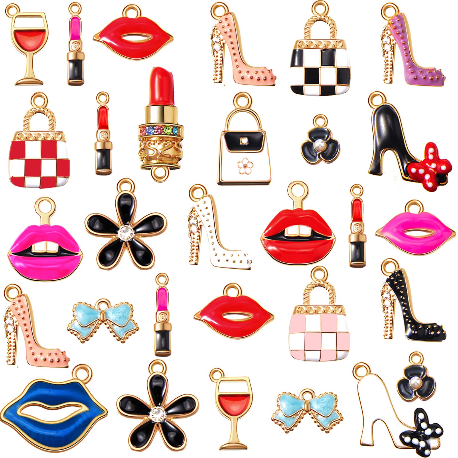 Jetec 50 Pieces Women's Makeup Lip Lipstick Charms Gold Plated Enamel High Heels Wallet Flower Bow Charm Pendant for DIY Jewelry Necklace Bracelet Earrings Making