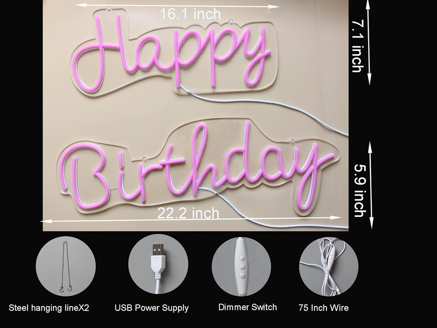 LED Happy Birthday Neon Sign Light Birthday Party Decorations pink USB Operated Decorative for Backdrop Party Bedroom Wall Décor Modulator 5v(2PCS)