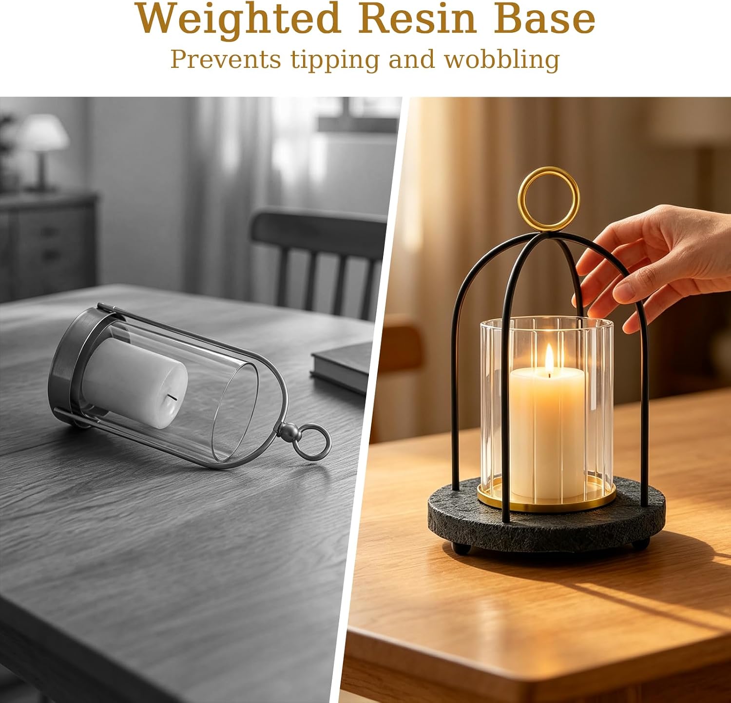 Hurricane Glass Candle Holder with Resin Base, Pillar Candle Lantern Black