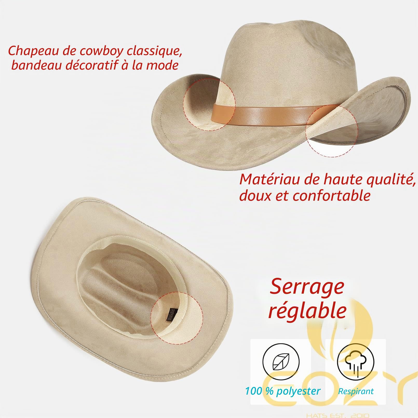 EOZY Chapeau de cowboy en daim style occidental pour homme et femme - Chapeau vintage amovible - Chapeau en daim - Chapeau country musique festival - Protection légère contre la pluie