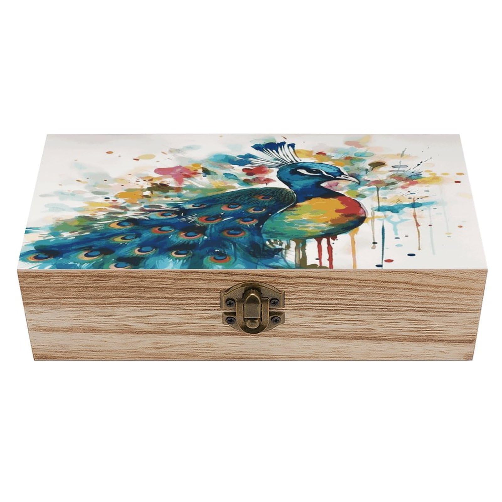 JTREHY Watercolor Peacock Wooden Storage Box Exquisite Durable Wood Gift Case Sturdy Vintage Jewelry Wooden Chest for Art Hobbies Storage Keepsake Gift