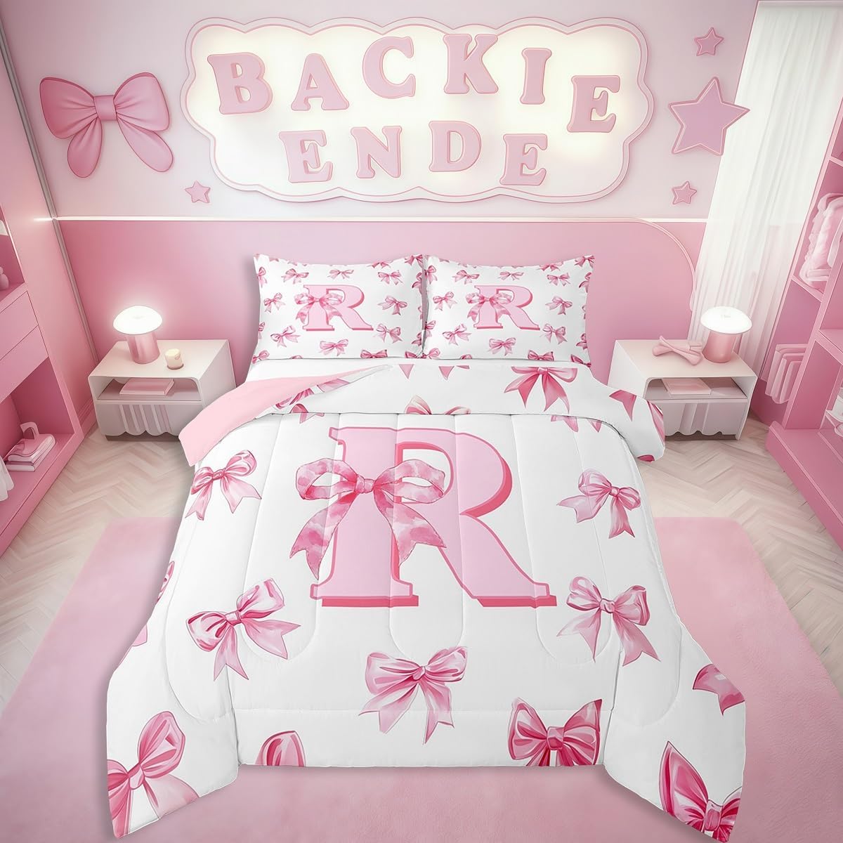 Erosebridal Initial Letter R Comforter Set Twin Size for Women Teen Girls Pink Alphabet Kids Bedding Set Romantic Dreamy Bowknot Bedding Comforter Sets Cute Kawaii Bow Princess Bed Set
