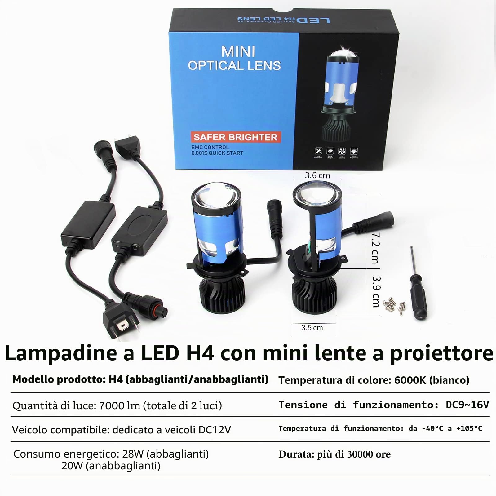 OPP ULITE Lampadine per fari a LED H4 9003 guida lato destro con mini lente del proiettore abbagliante e anabbagliante risolve problema di astigmatismo 70 W 6000 K 10000 LM Plug Play H4 LED kit di
