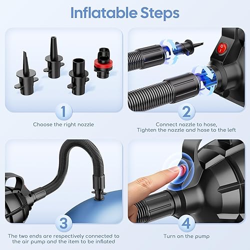 Miniatura 7 de Bomba de aire eléctrica, bomba de colchón de aire portátil de 4 boquillas con bolsa de almacenamiento, infladordeflador de llenado rápido para