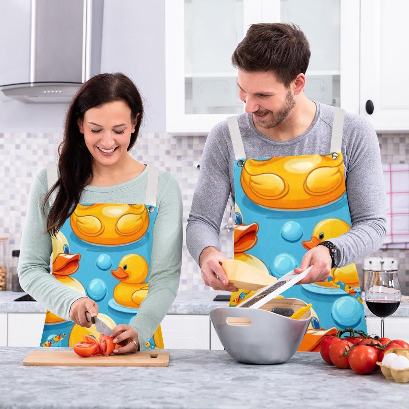 Lot de 2 tabliers de cuisine en lin pour homme et femme avec 2 poches réglables Motif canard, Canard en caoutchouc de dessin, L:26.2x34.6in/66.5x88cm;M:26.2x26.6in/66.5x67.5cm