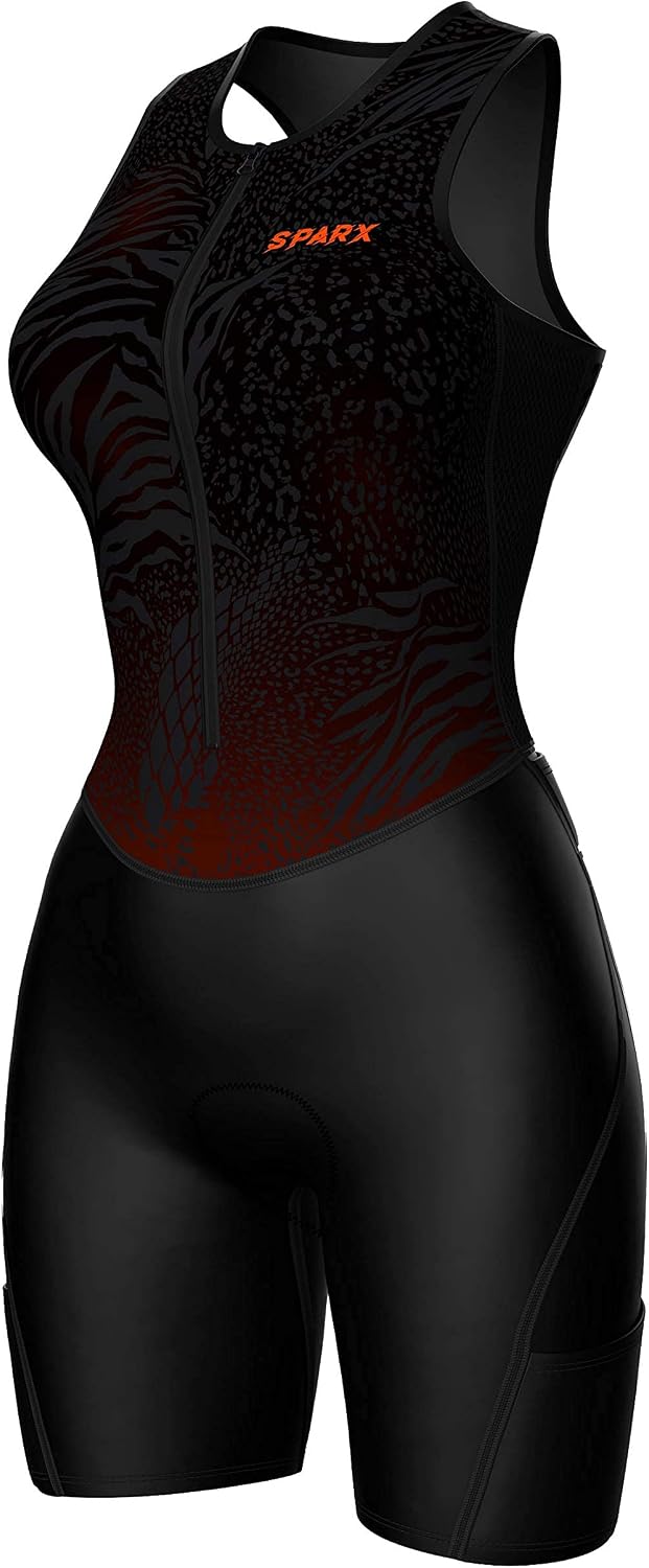 Sparx Sports Women Triathlon Suit Tri Short Racing Cycling Swim Run (Small, Animal-Skin), Black