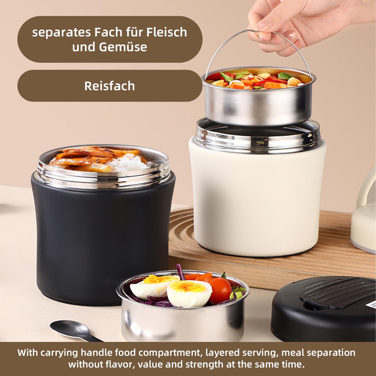 Thermobehälter für Essen, Thermobehälter Brotdose 1,2L Edelstahl Isolierter Behälterbehälter für Warmes Geschirr Thermoschüssel mit Deckel Thermo Lunchbox für Mahlzeiten,Suppe,Obst (Schwarz)