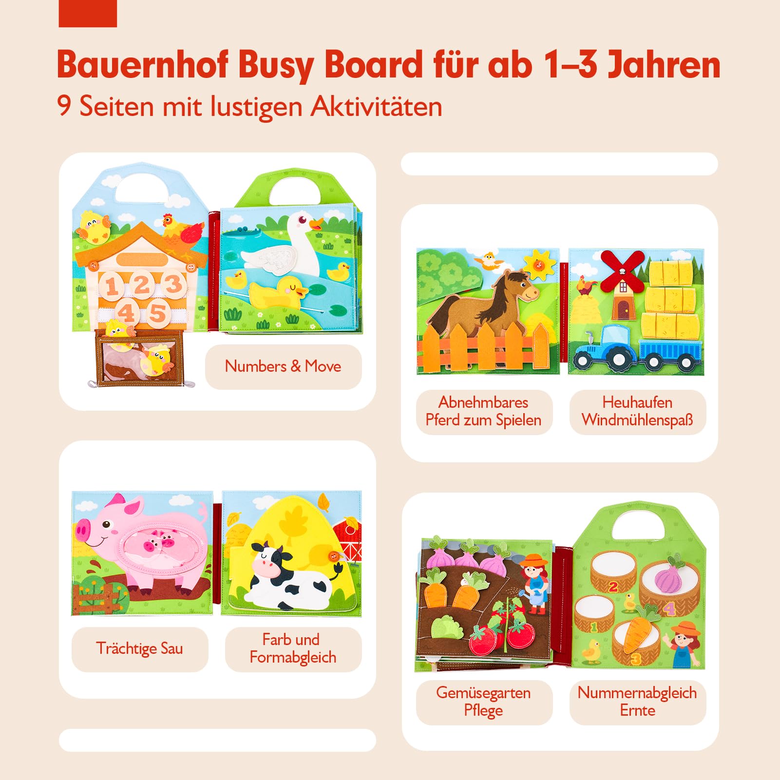 hahaland Busy Board ab 1 Jahr, 3D Filz Bauernhof Quiet Book ab 1 Jahre, Förderung Feinmotorischen Fähigkeiten, Busy Book für Autofahrt, Frühes Lernen Montessori Spielzeug ab 1 Jahr für Geschenk
