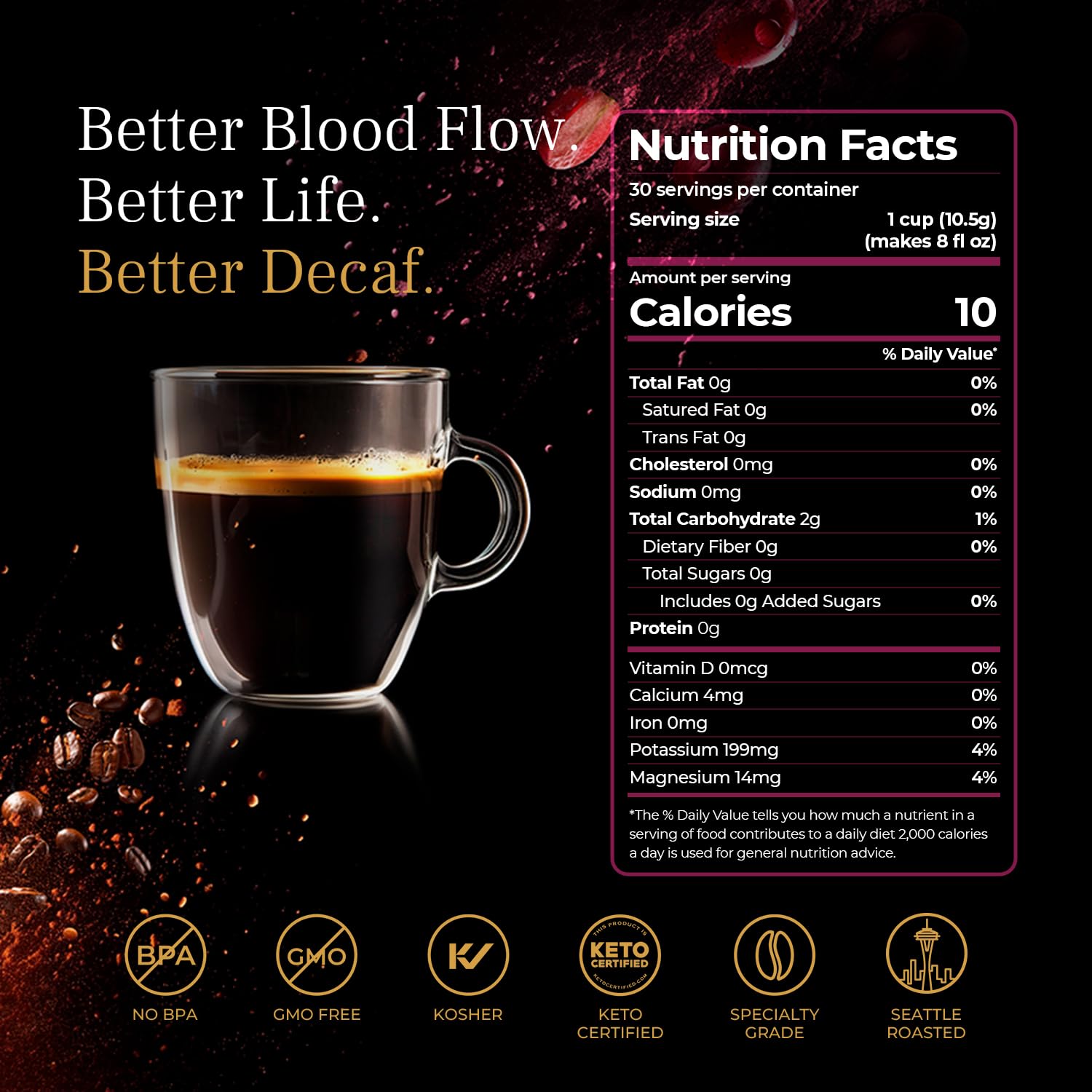 VINIA Decaf Medium Dark Roast Coffee with Red Grape Piceid Resveratrol, Nitric Oxide for Heart Health, Alertness, Physical Energy & Blood Flow Circulation. 30ct K-Cup Pods