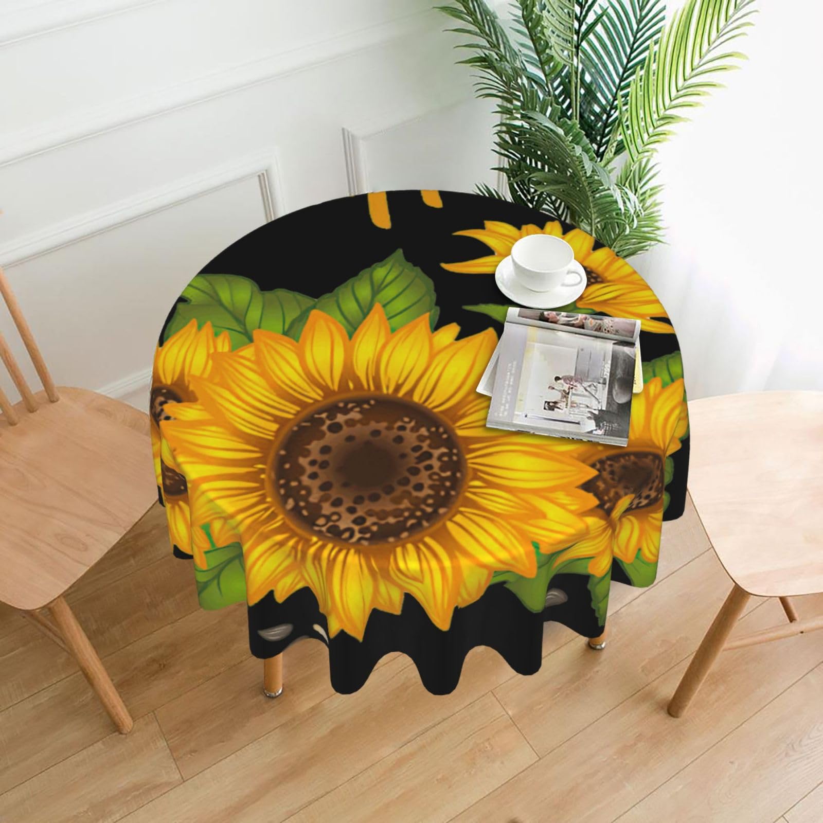 VCzsdff Sunflower Print Stain Resistant Round Tablecloth 60in Family Friendly Polyester Cloth for Kids Meals
