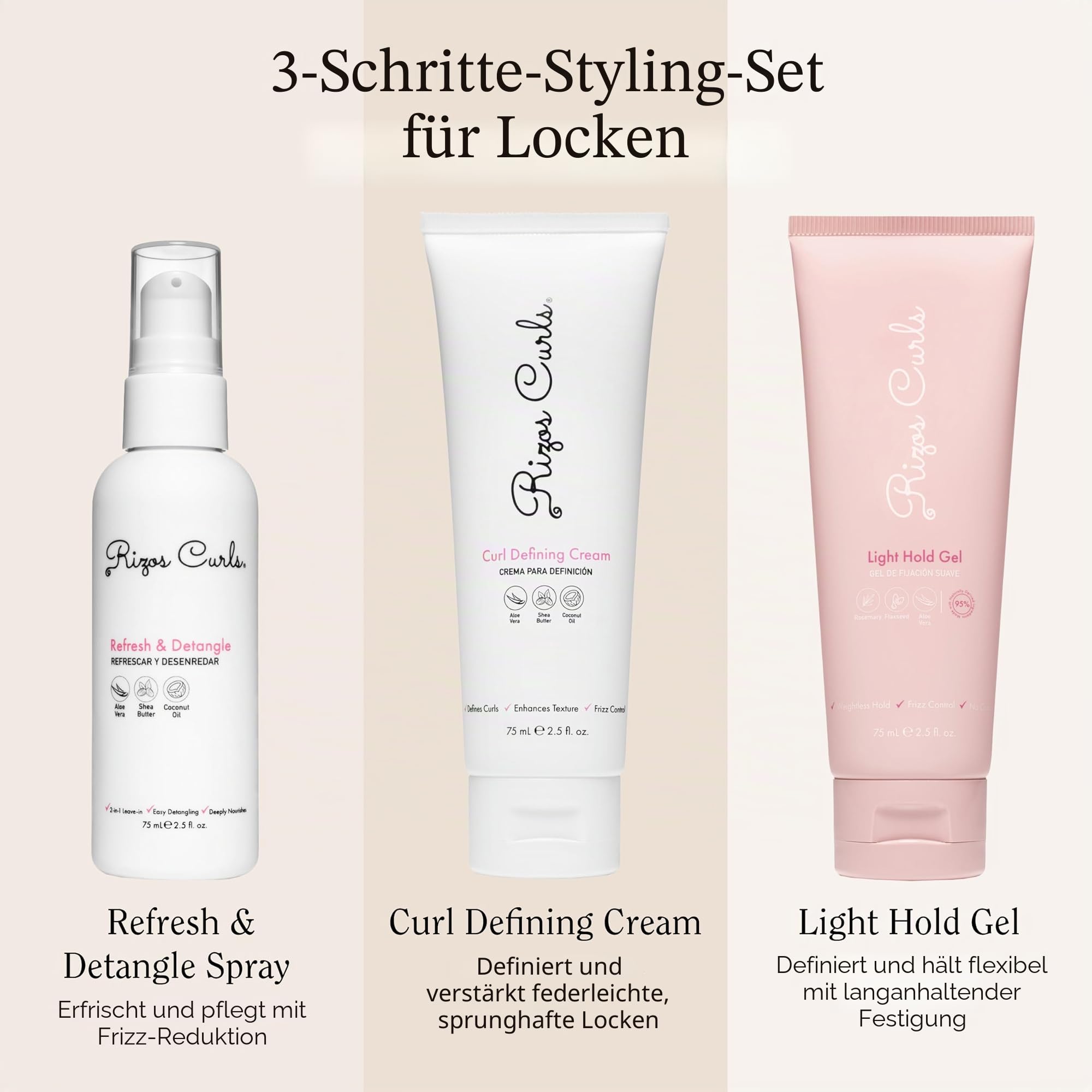Rizos Curls 3-Stufen-Styling-Kit für Locken, strafft und definiert Locken, fügt Volumen und Halt hinzu, kontrolliert Frizz und Glanz