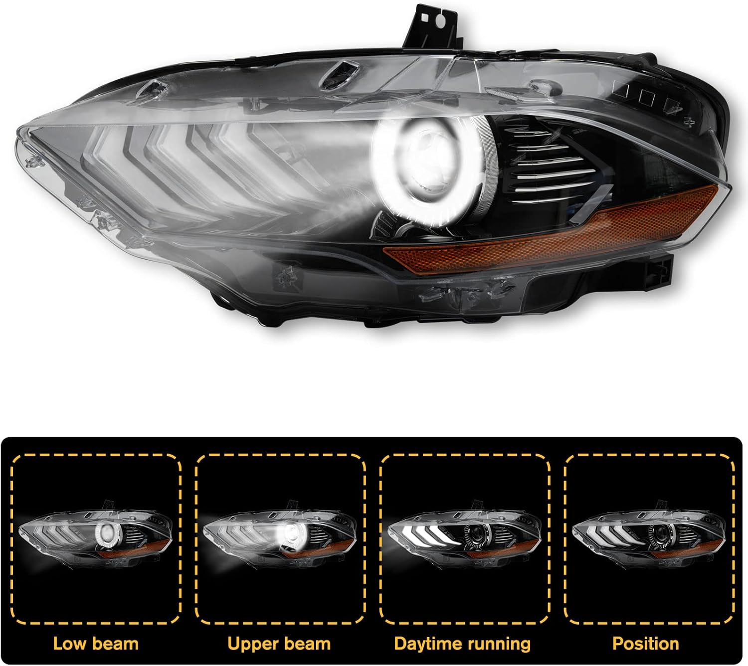 Ford Mustang 2018-2022 LED Headlight Assembly with DRL, OEM Style with Amber Reflector, Driver Side
