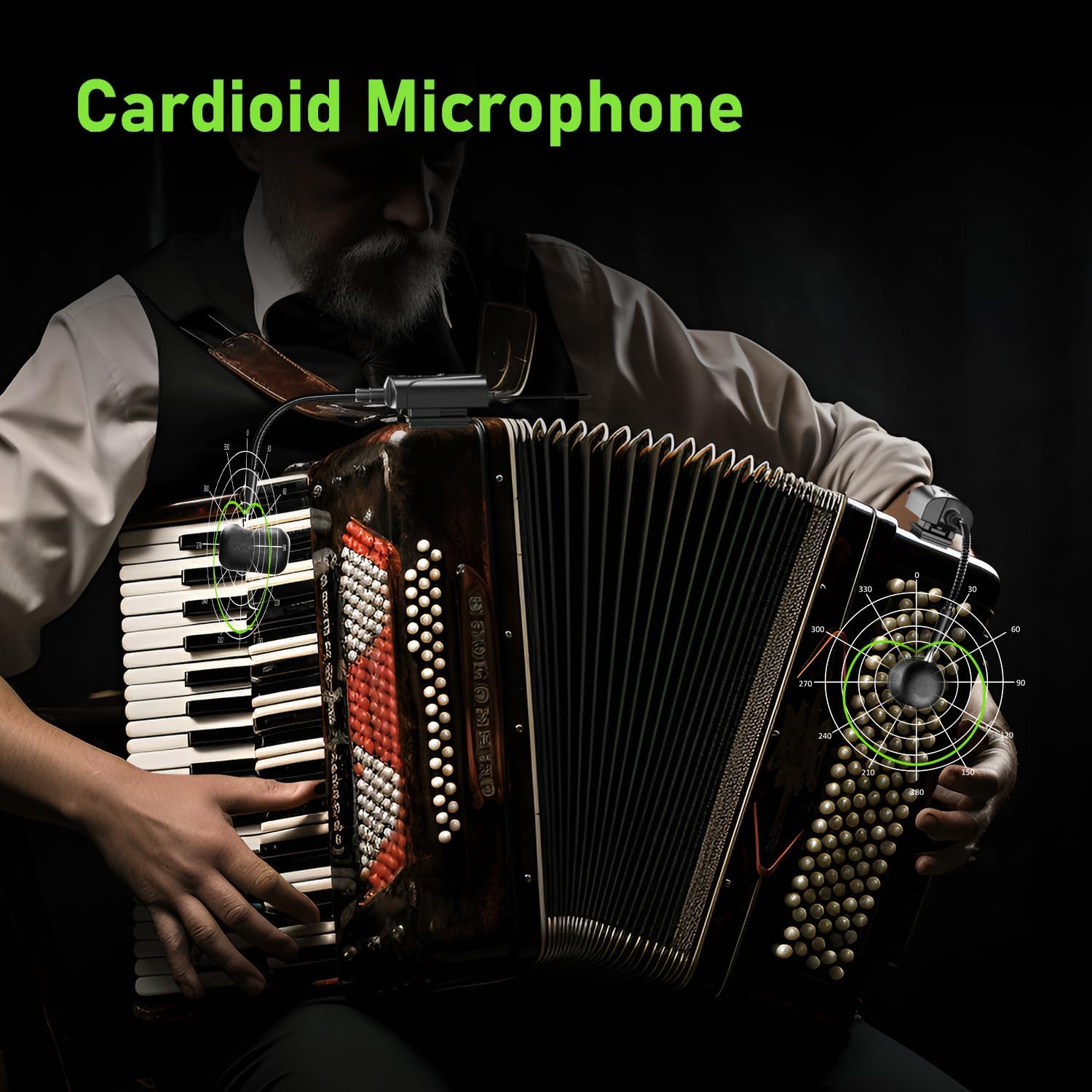 Dual UHF Accordion Wireless Microphone, Gooseneck Instrument Pick Up Mic with 2 Transmitters and 1 Receiver for Accordion, PA Systems, Audio Mixers, Speakers, Q2/at-5