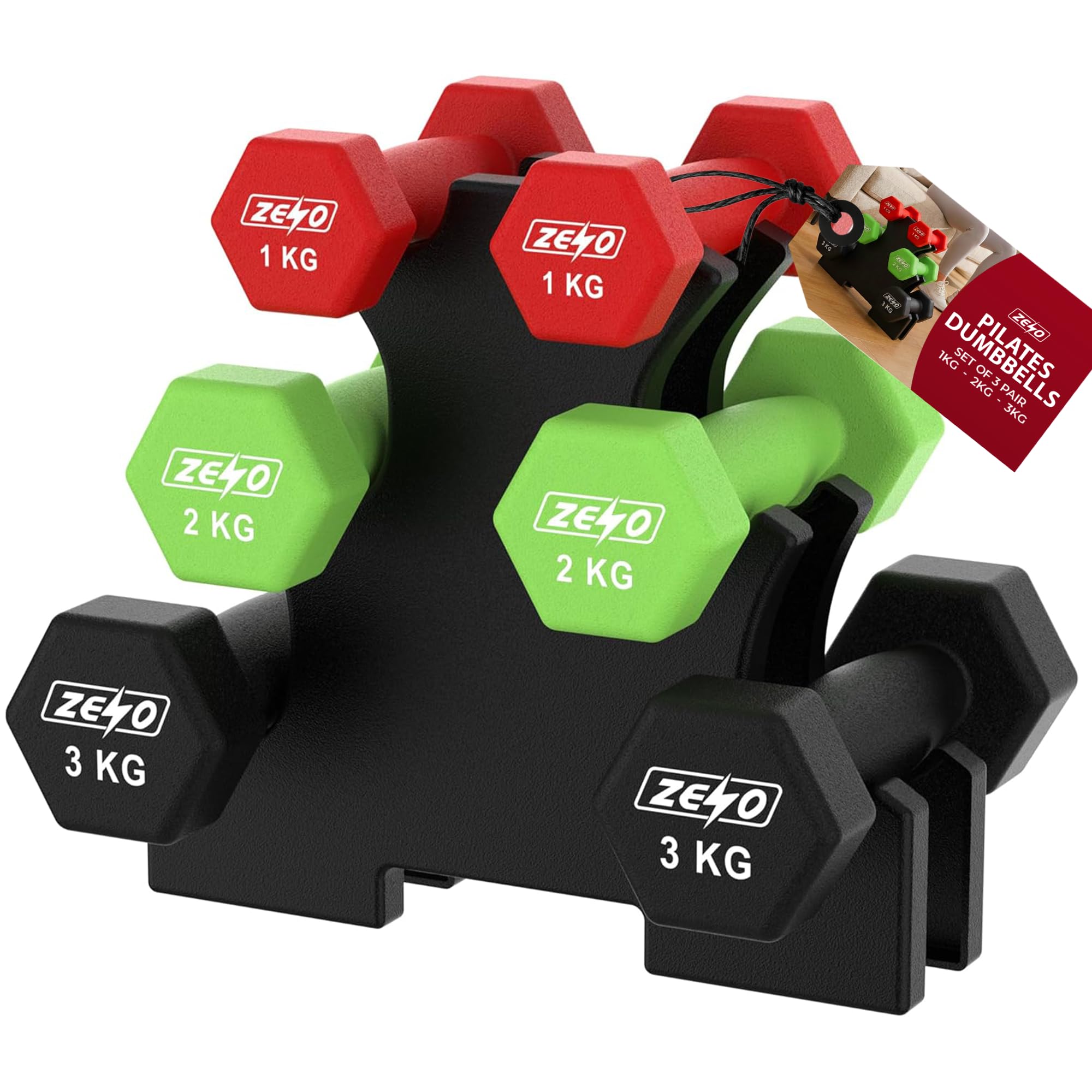 ZENO Dumbbells Set | Dumbbells Set Women | Sweat Resistant Weights for Women with Storage Stand | Vinyl Coated for Ultimate Grip | Weights for Pilates & Home Workouts | Includes 1KG, 2KG, 3KG | Bloss