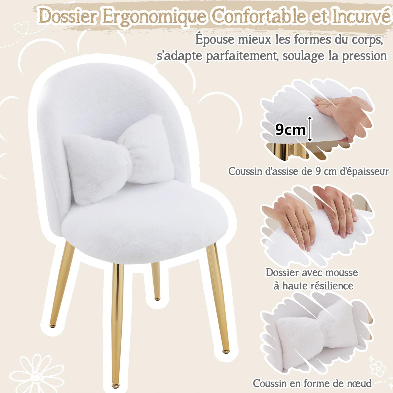 Bonnlo Poltrona Relax, Sedia da toeletta, Poltrona con Cuscino Nodo, Schienale Curvo senza Braccioli, per Soggiorno, Ufficio, Camera da letto, Peluche Coniglio, Bianco, 55 x 48 x 78,5 cm