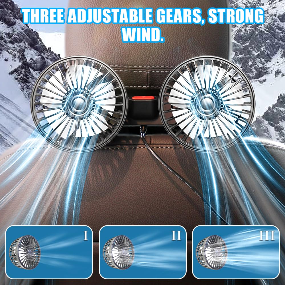 Ventilador del Asiento Trasero Con Doble Cabeza, 5V, 360° Giratorio 3 Velocidades, Clip para Vehículos Como Sedán, SUV, RV