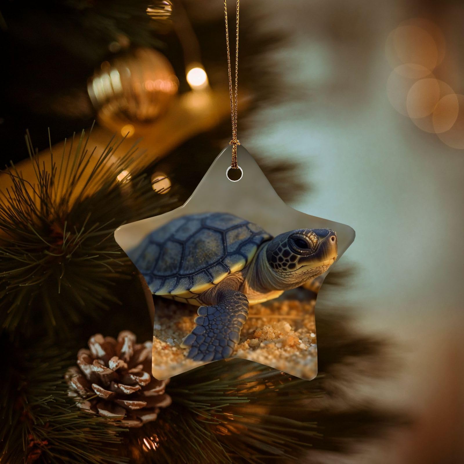 Christmas Ornaments for Christmas Tree Decoration Hanging Baby Turtle Ornament with Gold Ribbon Crafts Star Shape Ceramic Pendant for Keepsake Gifts Xmas Decor Party Supplies