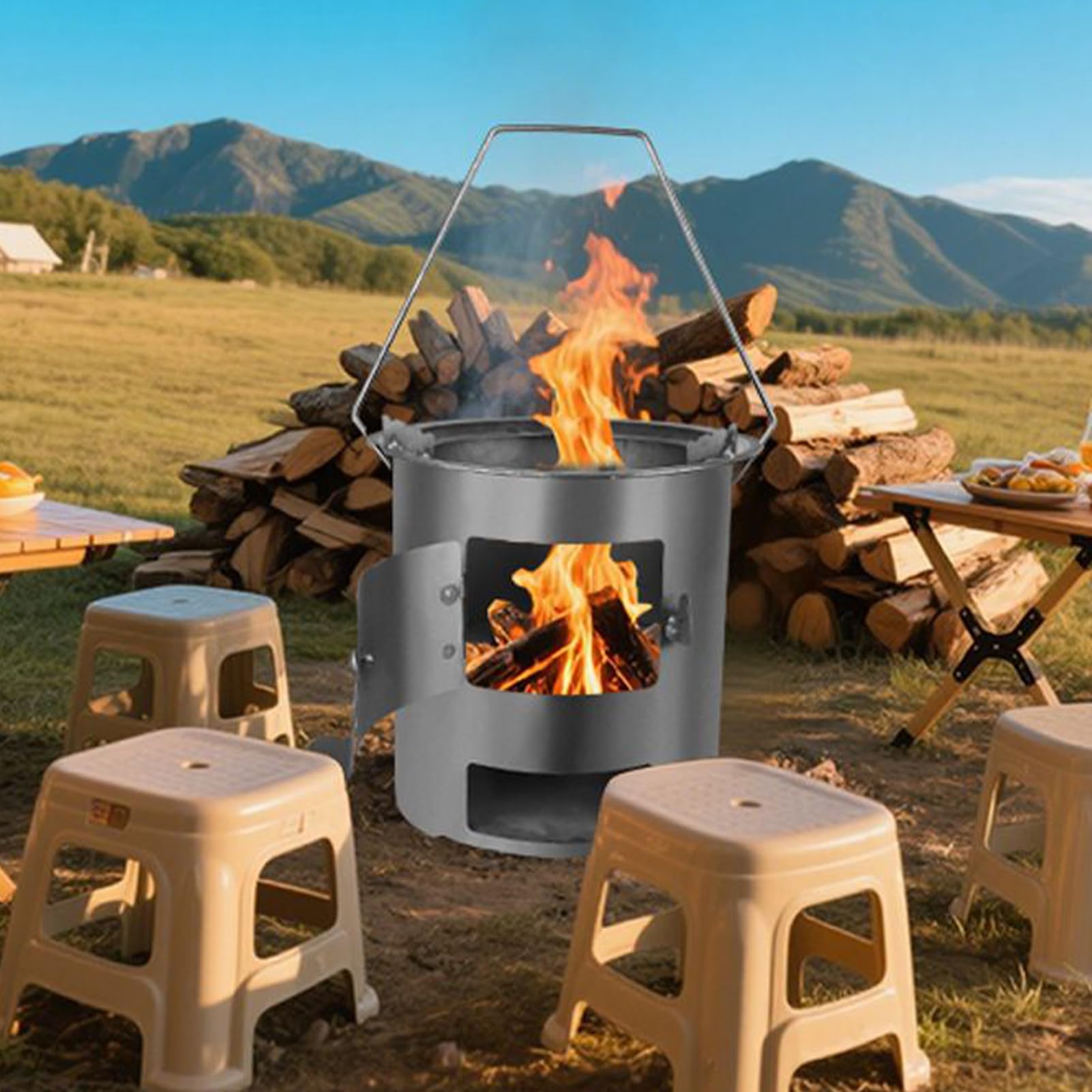 Réchaud à Bois pour Camping Brûleur Chauffant en Acier Inoxydable