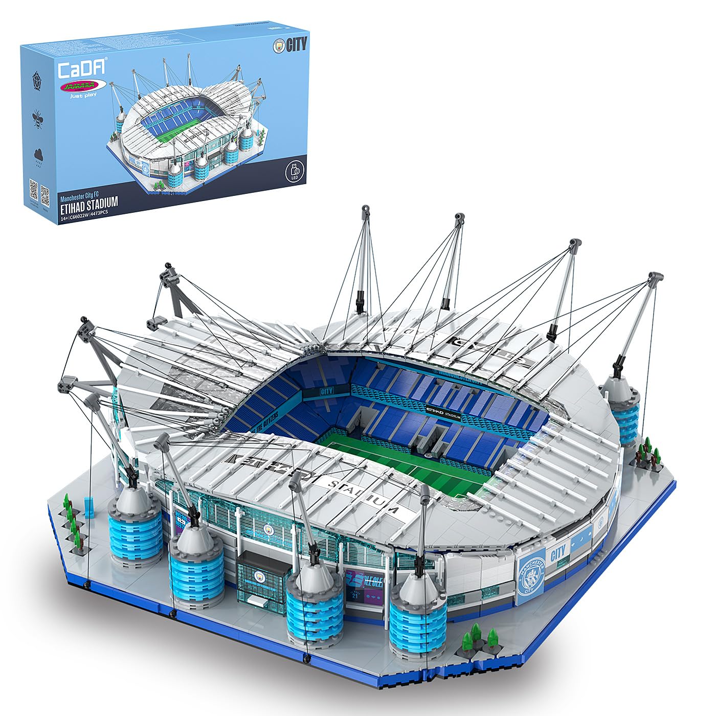 JAMARA 402904 CADA Etihad Stadion Manchester City FC Bricks, od 14 lat, zestaw klocków zaciskowych, model duży, zestaw klocków, wierne wzornictwo, światło LED, moduły prezentowane pojedynczo