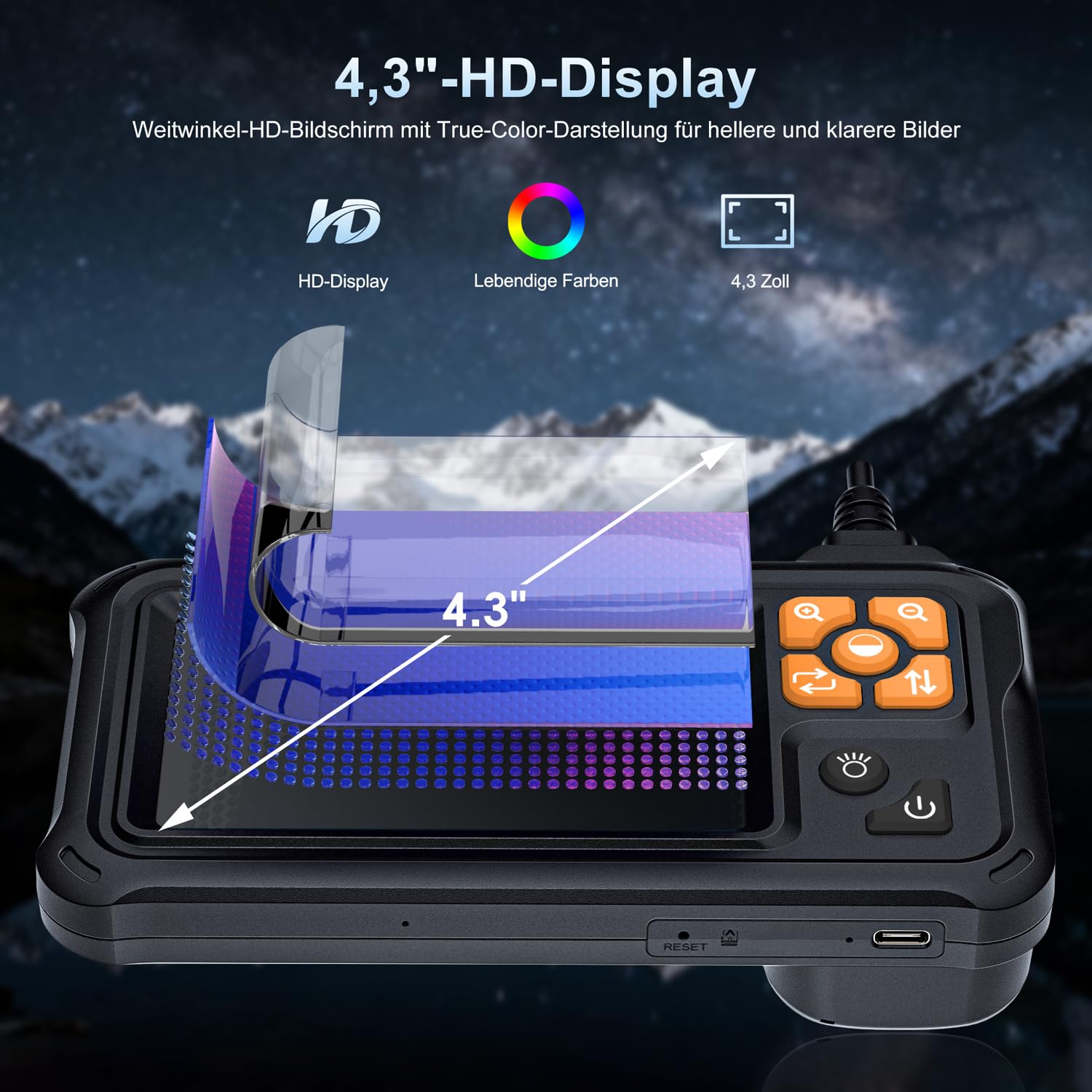 SKYBASIC Industrie-Endoskop, 4,3-Zoll IPS Digitales Endoskopkamera,1080P HD Kamera mit 8 LED-Lichtern, IP67 wasserdichtes Schlangenkamera, Inspektionskamera für Rohre, Autos, Wände, Bohrungen –20M