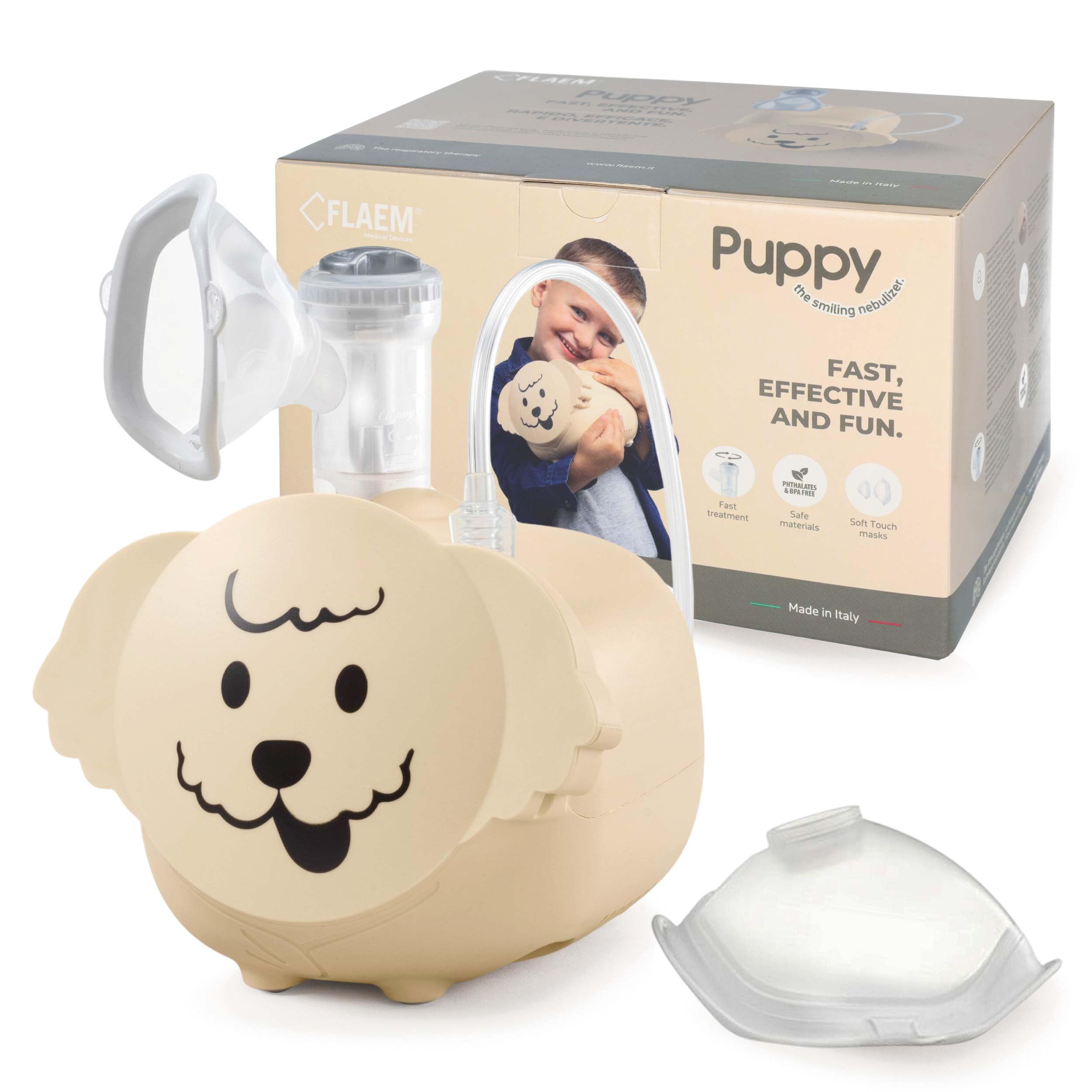 Flaem Puppy Nébuliseur pour enfants et adultes avec ampoule RF8 à double vitesse, masques Soft Touch, filtre à air, fabriqué en Italie