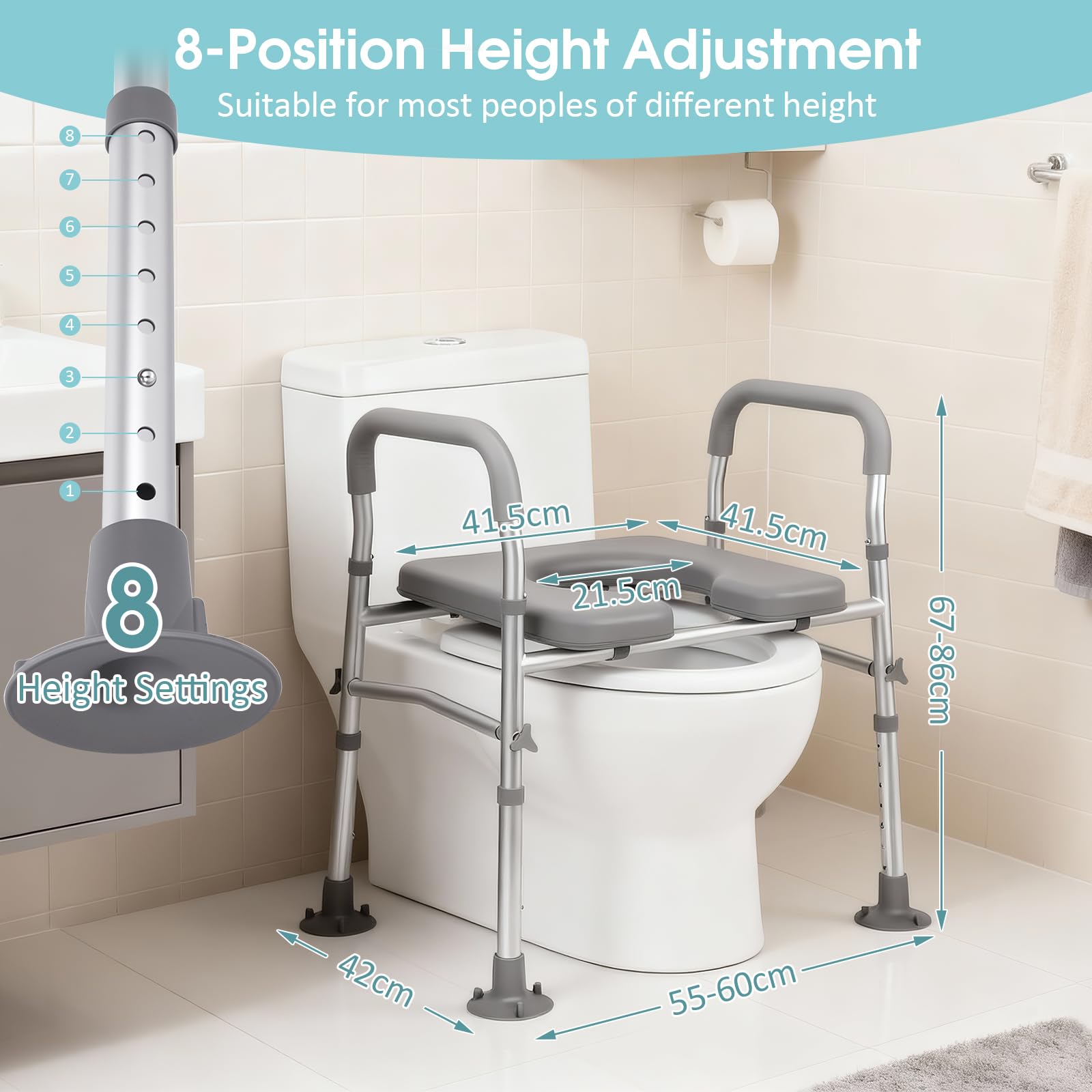 Rialzo WC per Anziani, Riduttore WC per Anziani 8-Livelli 67-86cm con Maniglie Antiscivolo, Sedia Rialzo WC Anziani Regolabile fino a 150kg