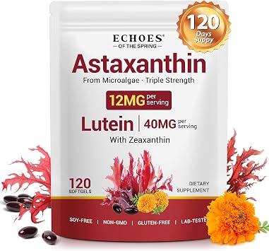 KZUO Astaxanthin 12MG & Lutein 40MG with Zeaxanthin Supplements, Fresh Microalgae Source, Supports Eye, Skin, Antioxidant, Health Non-GMO Gluten Free, Lab-Tested - 120 Softgels