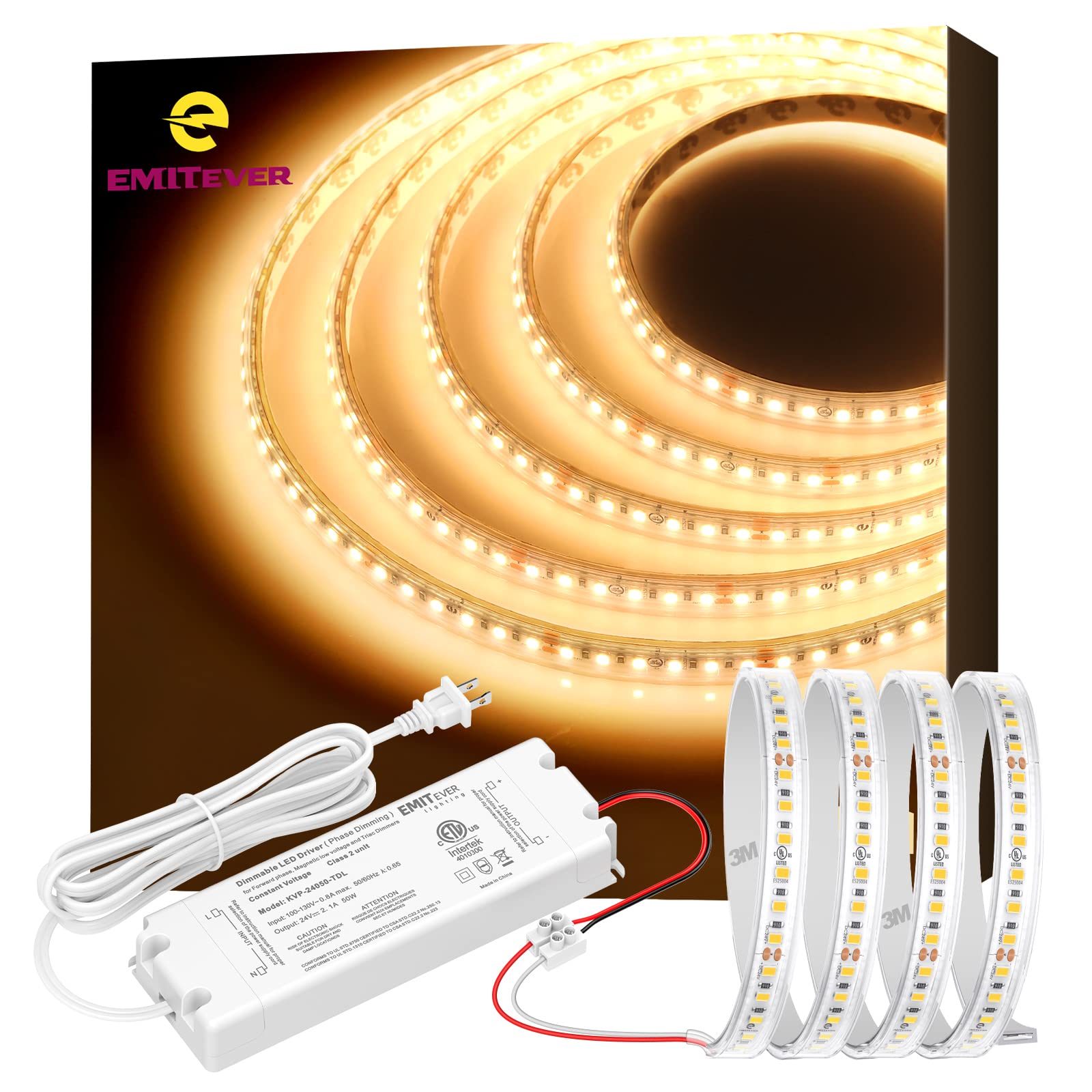 EMITEVER Outdoor LED Strip Lights Waterproof IP67,24V DC LED Tape Light, Warm White 3000K, UL 2.9W/ft,240+Lumens/ft,16.4ft+50W Triac Dimmable Driver