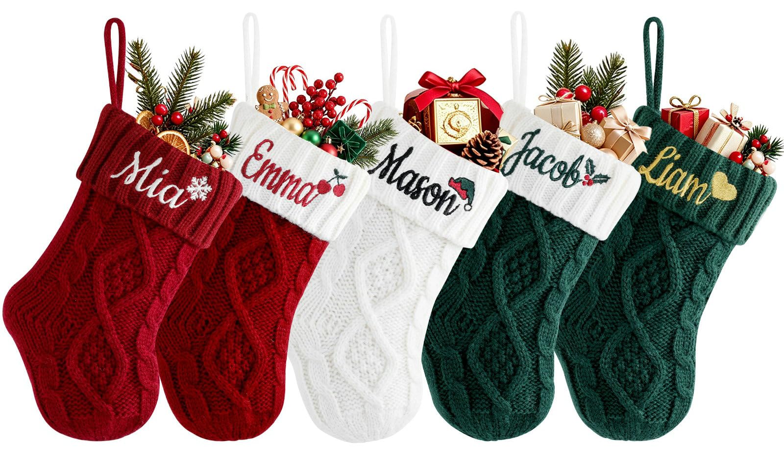 Personalised Christmas Stockings with Embroidered Name & Monogram, 9" Small Custom Cable Knit Xmas Stockings for Baby Kids Family, 2 Pack Hanging Mini Stocking for Fireplace Tree Holiday Decor Gifts — image 1