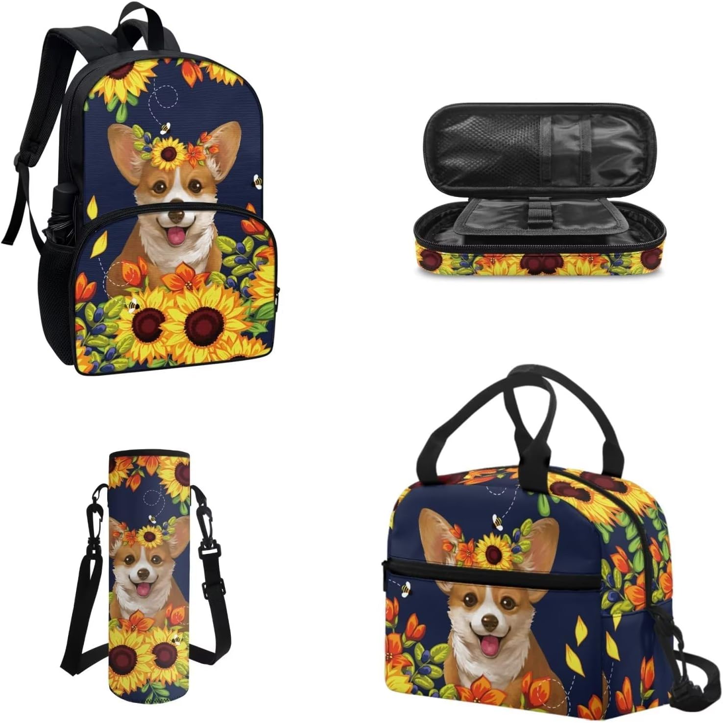 4Pcs Sunflower Corgi Dog Print School Bags Set for Kids Girls Large Capacity School Backpack with Lunch Box Pencil Bags Water Bottle Holder Pouch Elementary Student Book Bag
