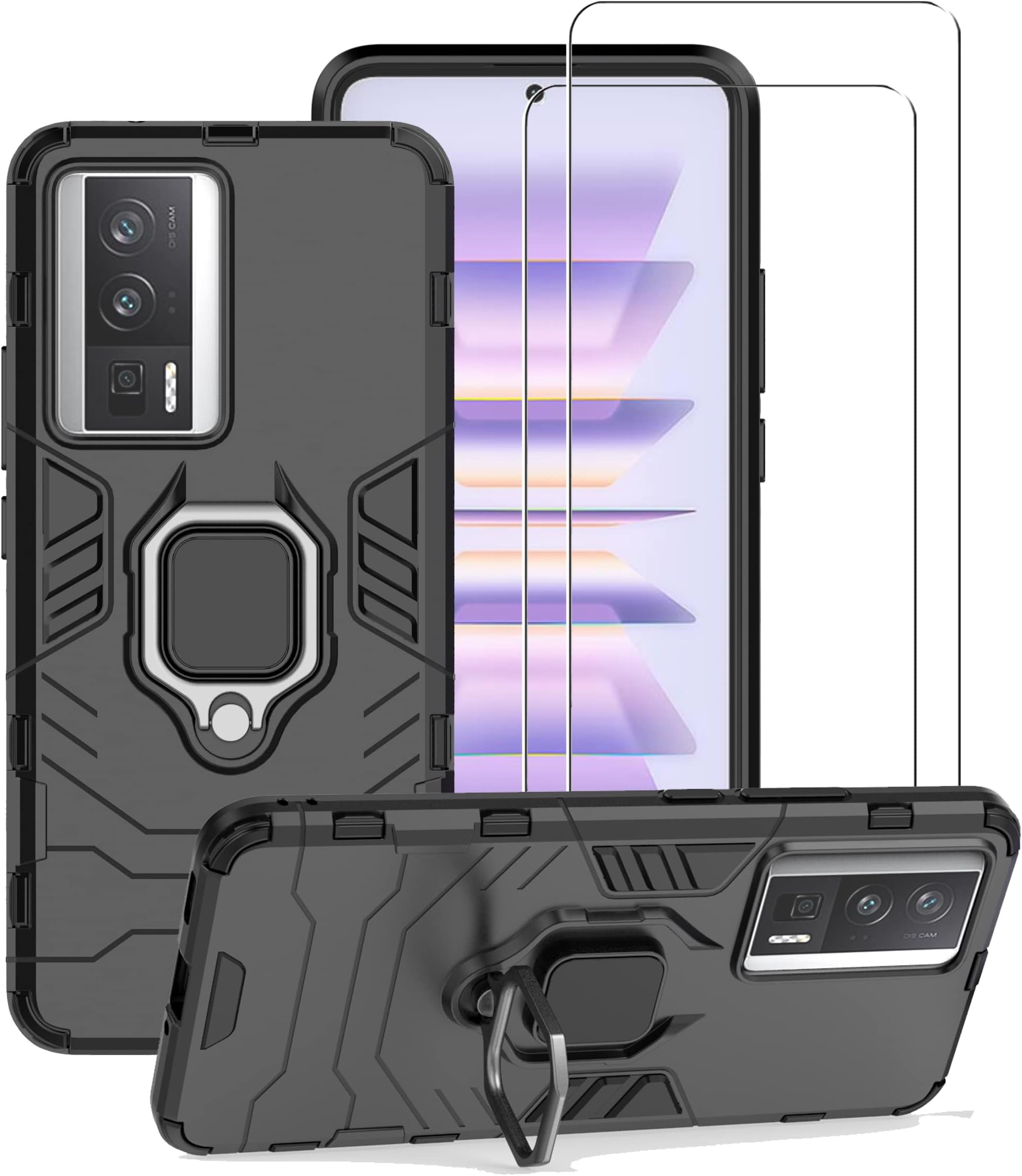 ZMONE Phone Case for Xiaomi Poco F5 Pro 5G Case with Glass Screen Protector [2 Pack] Heavy Duty Dual Layer Military Grade Shockproof Protective Cover with Magnetic Ring Kickstand - Black