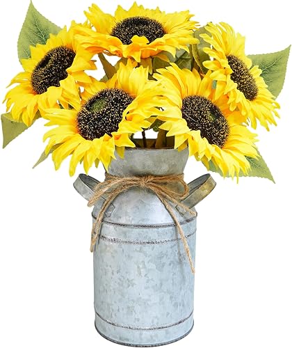 Winlyn Artificial Sunflowers in Rustic Galvanized Metal Milk Vase 12" Tall Farmhouse Centerpiece Yellow Silk Sunflower Stems Floral Arrangements for Country Fall Wedding Home Kitchen Table Décor