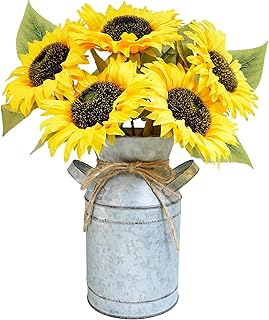 Winlyn Artificial Sunflowers in Rustic Galvanized Metal Milk Vase 12" Tall Farmhouse Centerpiece Yellow Silk Sunflower Stems Floral Arrangements for Country Fall Wedding Home Kitchen Table Décor