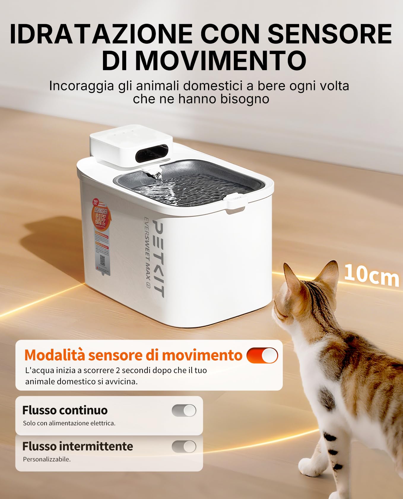 PETKIT EVERSWEET MAX 2 Fontanella per Gatti Senza Fili, 3L Fontana per Gatti con Sensore, Lavabile in Lavastoviglie, 25dB Ultra Silenziosa, Controllo App Intelligente, 5000 mAh Grande Autonomia