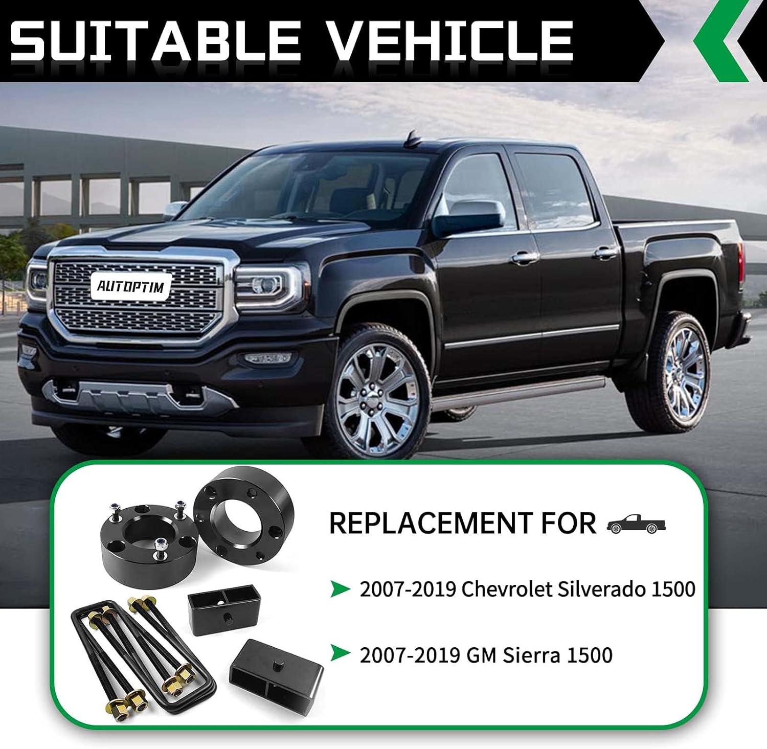 AUTOPTIM 3" Front and 2" Rear Leveling Lift Kit, Replacement for 2007-2024 Chevrolet Chevy Silverado, 2007-2024 GMC Sierra 1500, Aluminum Leveling Kit CNC Strut Spacers For Pick Up