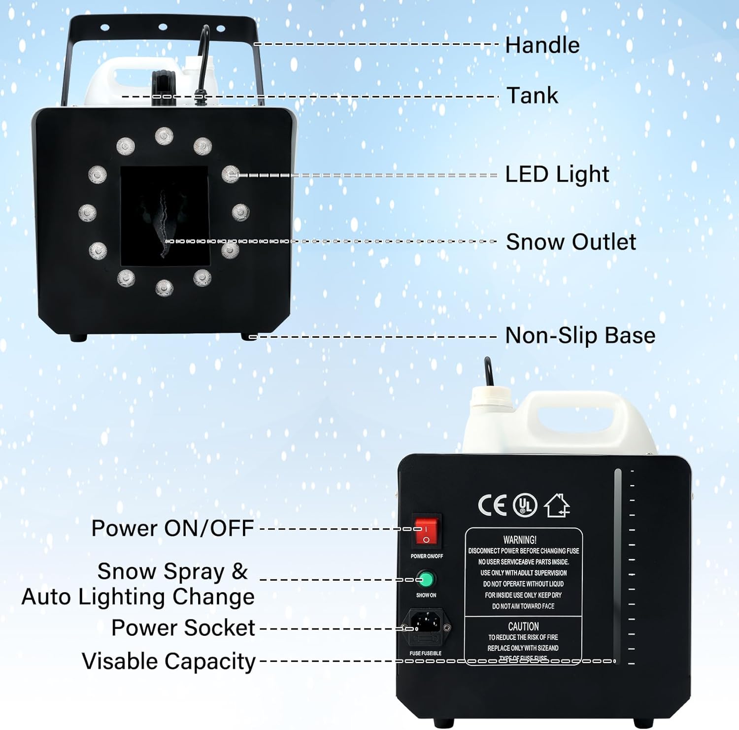 TCFUNDY Snow Machine with 12 LED Lights, 1500W Snow Snowflake Making Machine with 9 Color Lights Effect Snowflake Maker with Remote Control for Christmas Wedding Kids Party Stage