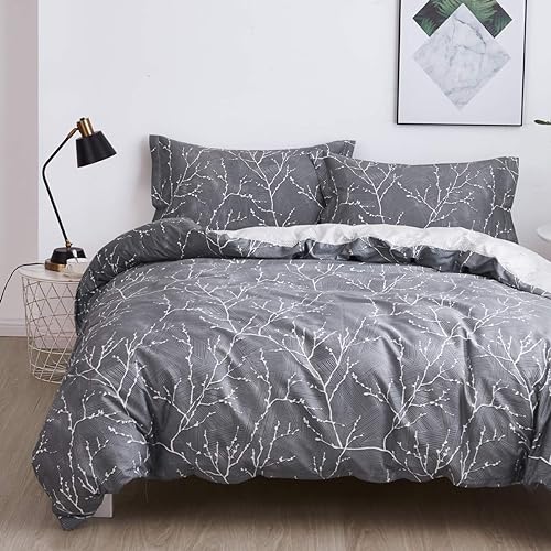 OAITE - Juego de funda de edredón de 100% algodón con patrón floral, juego de ropa de cama suave que incluye 3 piezas (2 fundas de almohada, 1 funda