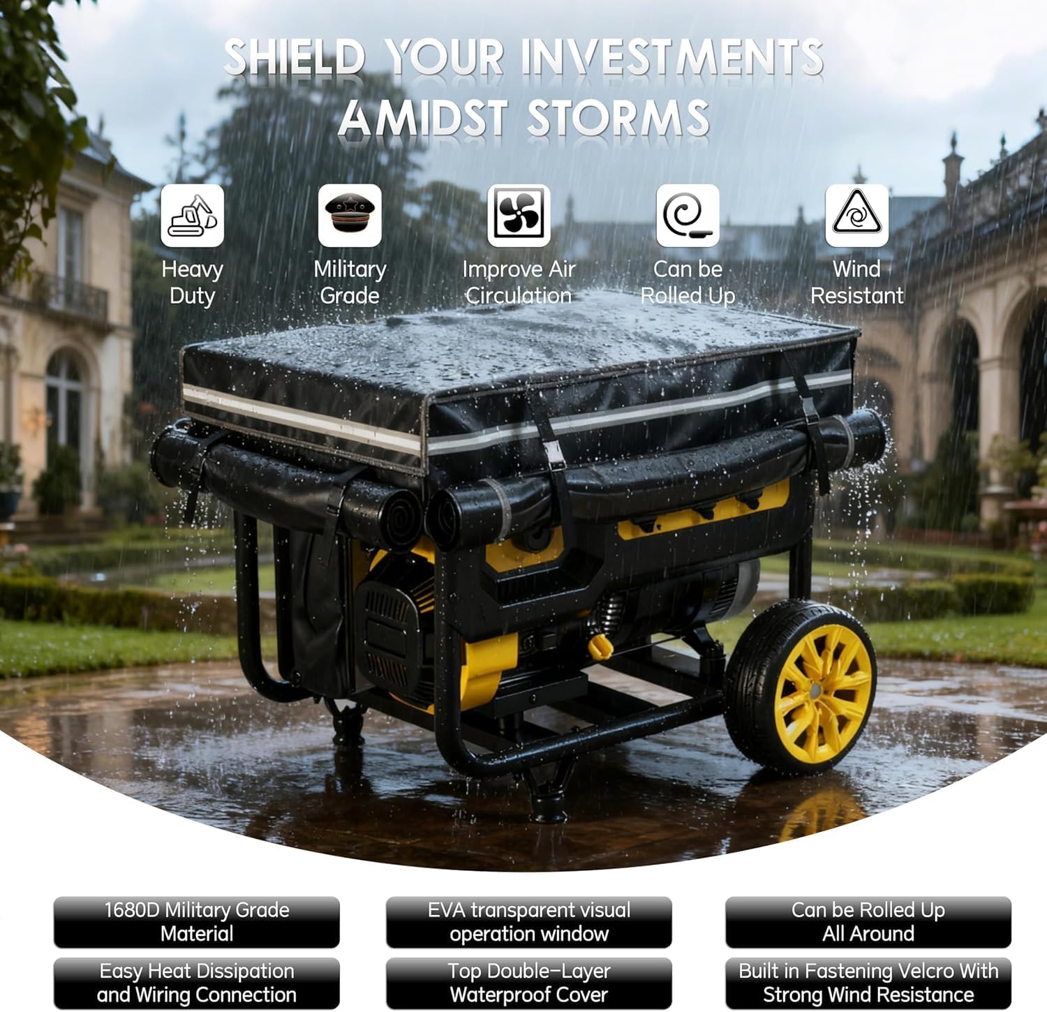 Generator Covers While Running, 32x24x24 Inches, Generator Covers for Outside, 1680+400D Double Layer, Portable Heavy Duty Dustproof/Waterproof Cover, for 5000W-10000W Frame Generators, Black
