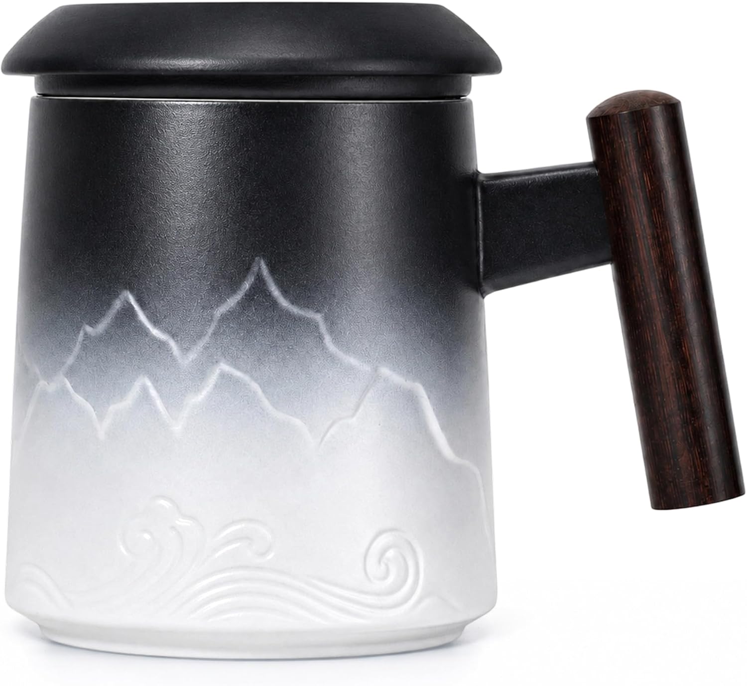 Tea Cup with Infuser and Lid, 14oz Ceramic Loose Leaf Tea Steeper Cup with Wood Handle and Cup Lid, Blue, Black | 14oz Ceramic Tea Mug with Lid, Loose Leaf Tea Steeper Cup with Wood Handle for Tea Lovers Gifts