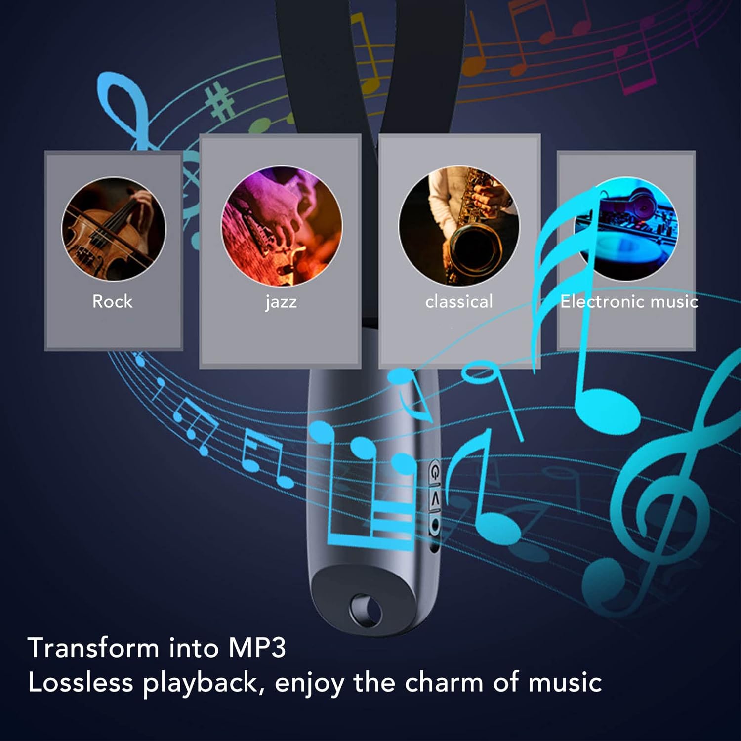 An image showing the keychain voice recorder with musical notes and icons representing different music genres (Rock, Jazz, Classical, Electronic music), indicating its MP3 playback capability.