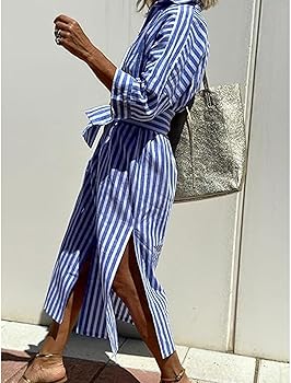 Womens 2025 Shirt Dress, 3/4 Sleeve Button Down Split Casual Lapel Striped  Lace-Up Vacation Shirt Dress (Blue,Small) at Amazon Women's Clothing store