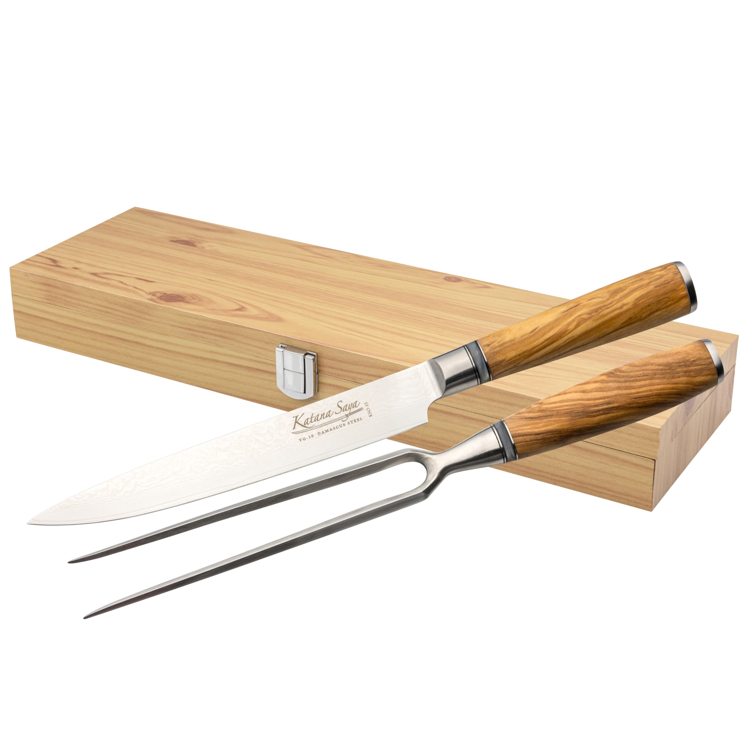 Olive Wood Juego de trinchar de 2 piezas, cuchillo trinchador de 20 cm y tenedor trinchador de 18 cm, acero inoxidable damasco VG-10 japonés, mango de madera de olivo natural