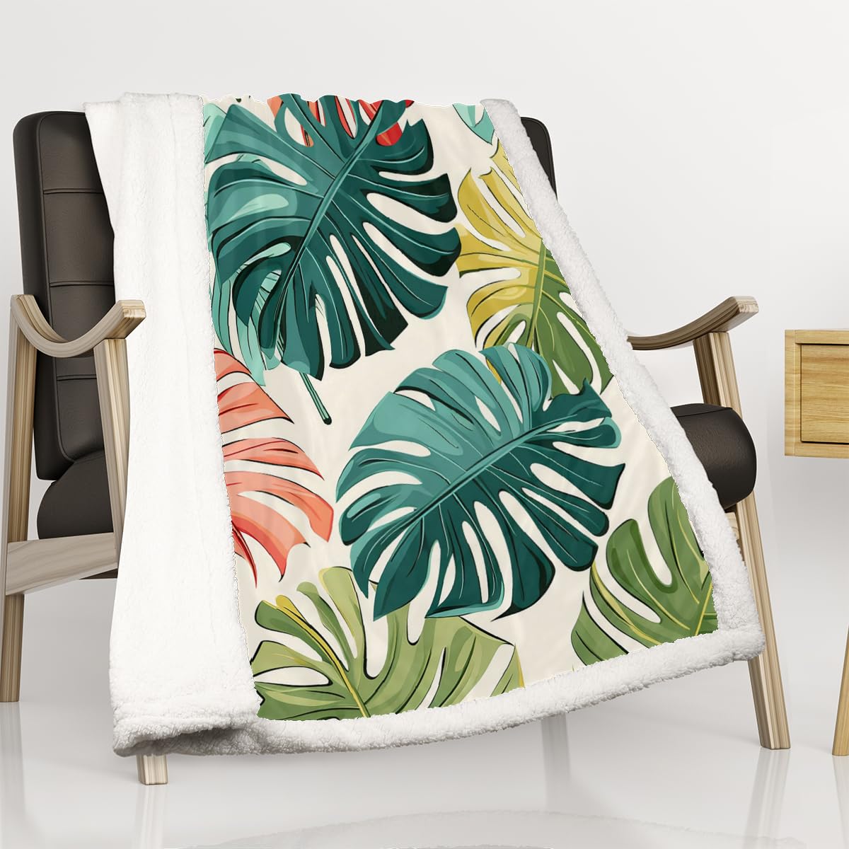 Manta de hojas de palma tropicales para sofá, manta cálida de invierno suave de lana de cordero para niños, mujeres y hombres